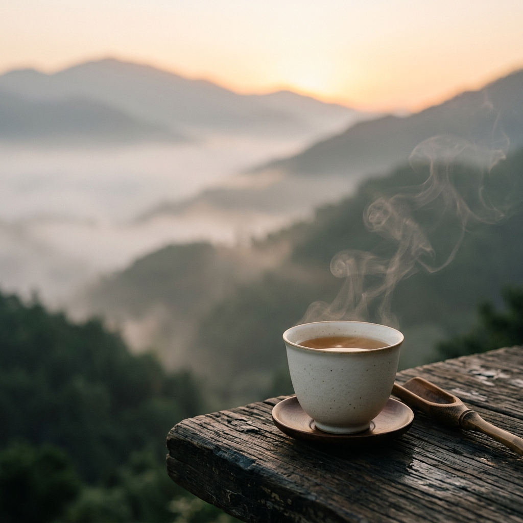 A peaceful morning scene with a tea cup and a soft sunrise over misty mountains, representing the rising Yang energy.