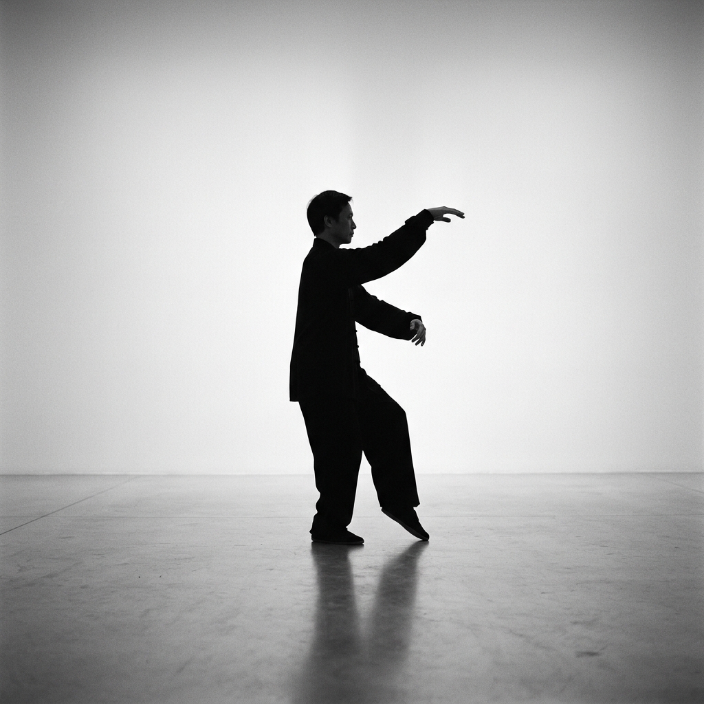 A person practicing slow Chinese movement in soft natural light